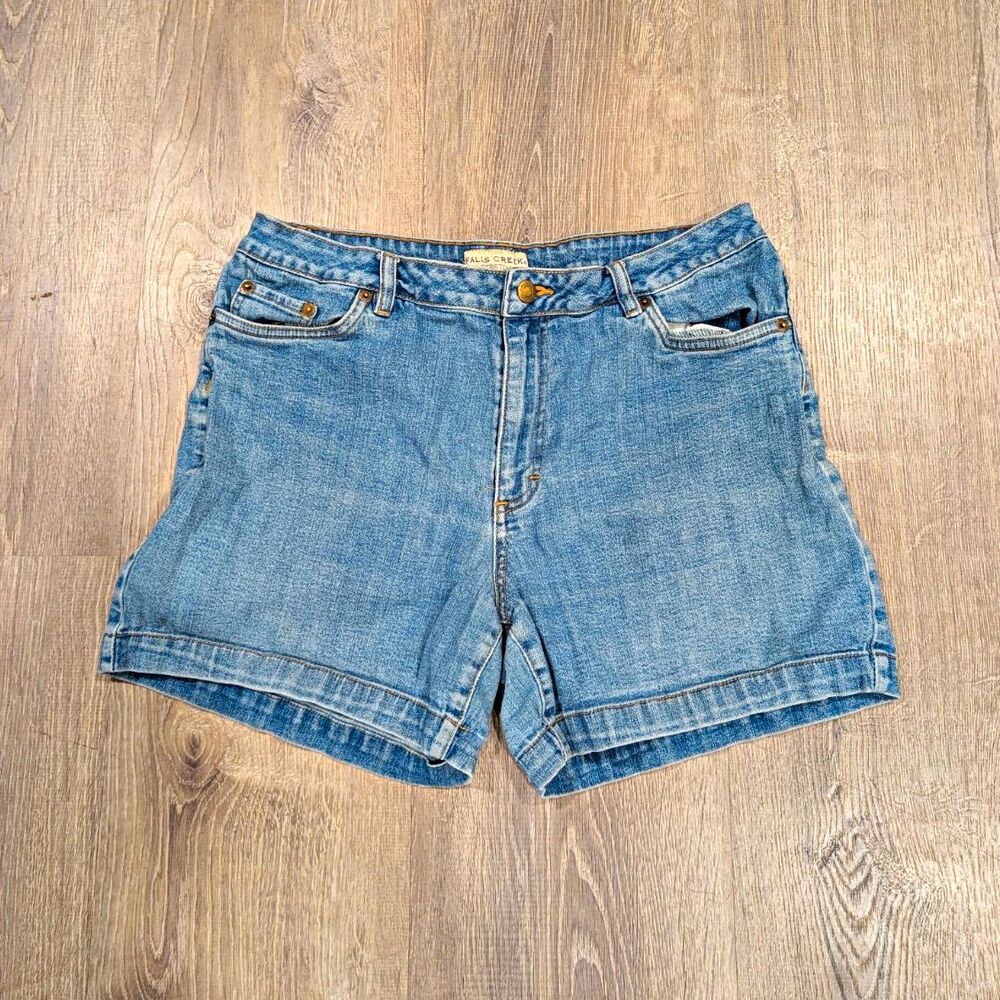 Falls Creek Women’s Blue Denim Shorts Size 12 Stretch Mid Rise 5-Pocket